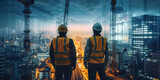 Fototapeta  - two construction workers looking across a city,
