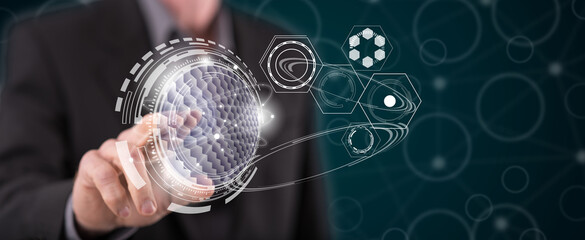 Wall Mural - Man touching a virtual technology concept