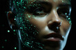 © soleg - a woman with a futuristic face and green holography lights particles on her face and a black background, cybernetics, computer rendering, sci-fi, cyber art