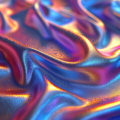 Poster - Metallic 3D abstract silk cloth 3D futuristic cyberpunk hyper realism detailed isolated colorful reflective holographic flow silk gold iridescence glowing background.