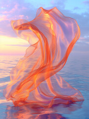 Poster - 3D abstract silk cloth 3D futuristic cyberpunk hyper realism detailed isolated on sunset sky, colorful reflective holographic flow silk gold iridescence glowing on landscape background.