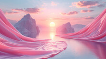 3D Abstract Silk Cloth Floating In Pastel Sunset Landscape. Futuristic Cyberpunk Hyper Realism Details Reflective Holographic Flow Silk. Peaceful Calm Background Concept.