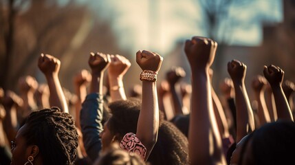 Black women march together in protest. Arms and fists raised in the for activism in the community, realistic photography