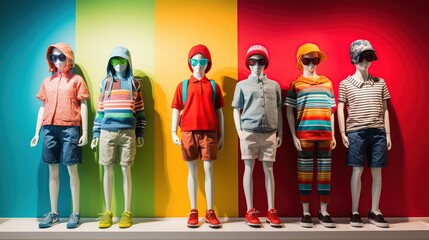 Vivid kids' fashion display featuring mannequins in playful, casual outfits against a multicolored background, perfect for retail and fashion, with copy space for text.