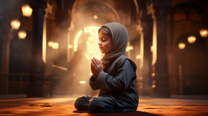 Cute little muslim boy praying in mosque