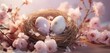Easter Serenity: Pastel Eggs in Nest with Blossoms