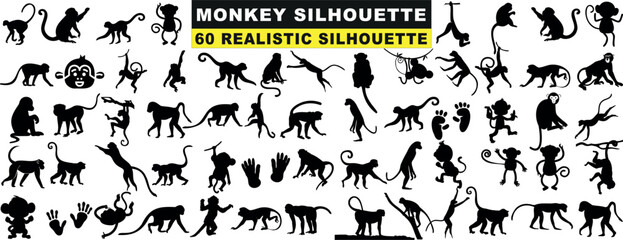 Wall Mural - monkey silhouette vector collection. 60 unique, realistic poses. ideal for wildlife, nature themes, 