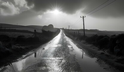 Wall Mural - old road that stretched across rural farms and plains to the horizon. generative AI