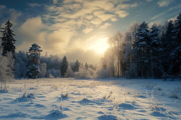 Wall Mural - Winter landscape with forest cloudy sky and sun