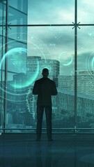 Wall Mural - a man examines an infographic on a virtual interface, 3d render.
