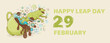 Leap day February 29 poster. Leap year calendar with jumping frog. February 29, 2024 concept. Cute frog jump out of cup with tea and galaxy print. Green 2024, 2028 year banner. Cartoon text poster