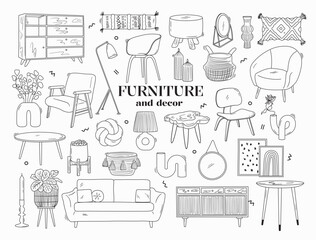 Set of outline interior design objects. Line armchair, couch, dresser, lamp, plant, candle, mirror and decor. Sketch drawings of modern furniture in scandinavian style. Vector graphic