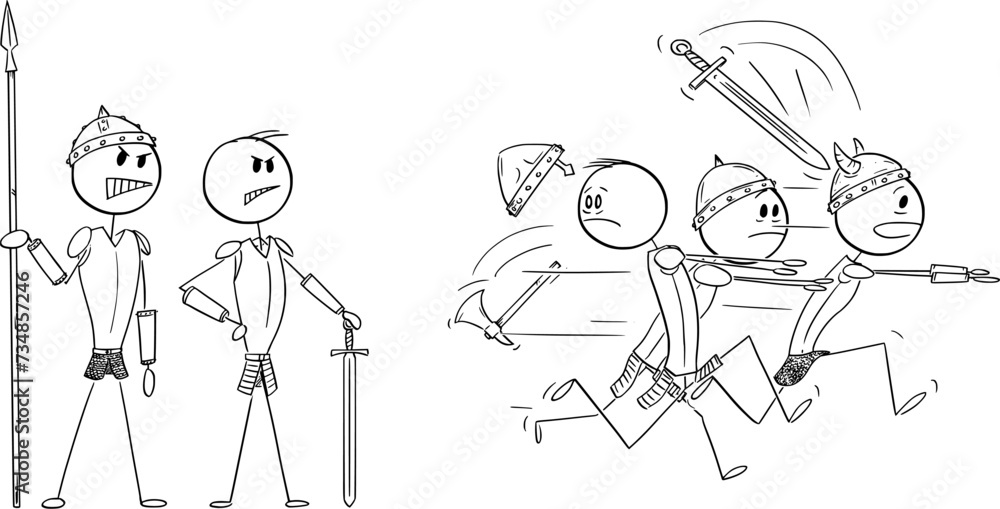 Group of Weak Men Running Away in Fear From Strong Warriors, Vector ...