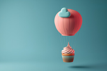 Hot air ballon with with its basket resembling a cupcake floating in cloud in the style of pastel toned. Hot air balloon with basket shaped like a muffin with a cloud on it flying in the air.