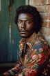 © Anna Zhukkova - African American man fashionably dressed floral print jacket iconic fashion trends of 1970's style, retro fashion. Portrait of a stylish male model
