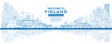 Fototapeta  - Outline Finland city skyline with blue buildings and reflections. Concept with historic and modern architecture. Finland cityscape with landmarks. Helsinki. Espoo. Vantaa. Oulu.