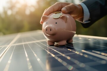 businessman next to solar panels with a piggy bank and coins.