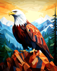 Wall Mural - American bald eagle among rocks and wildlife in vector pop art cubism style.