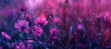 
Macro Floral Background With Lilac, Violet, Purple, Pink Flowers With Rain Or Dew Drops