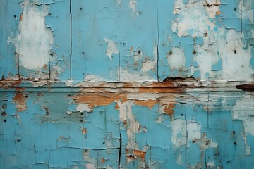 Close up of a weathered wooden door with vibrant peeling paint, illuminated by bright natural light.