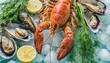 AI-generated illustration of a fresh lobster and oysters on ice served with slices of lemon