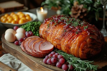 Glazed holiday ham, festive meal setup