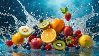  Fresh fruits and berries in water splash
