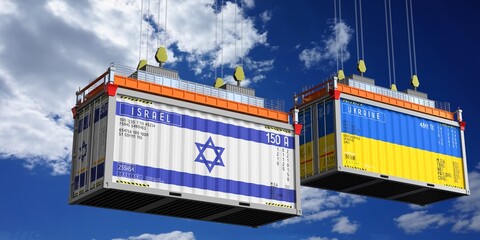 Wall Mural - Shipping containers with flags of Israel and Ukraine - 3D illustration