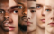 © master1305 - Collage made of cropped close-up portraits of different young men with varying skin tones and features, looking at camera. Equality. Concept of human diversity, emotions, youth