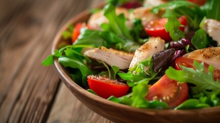 Wall Mural - Fresh salad with chicken, tomatoes and mixed greens (arugula, mesclun, mache) on wooden background close up. Healthy food. : Generative AI