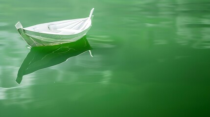 Poster - White transparent leaf on mirror surface with reflection on green background macro. Abstract artistic image of ship in waters of lake. Template Border natural dreamy artistic image for : Generative AI