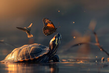 Illustration Of A Butterfly Standing On The Nose Of A Turtle, In The Style Of The Decisive Moment, Very Unusual Illustration, Soft Pleasant Light. Wild Nature, Unusual Background.