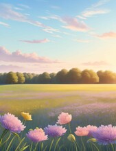 AI-generated Illustration Of A Lush Field With Purple Flowers And Trees During Sunset