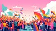 © Wirestock - AI generated illustration of A group of people at Pride parade holding up multicolored rainbow flags