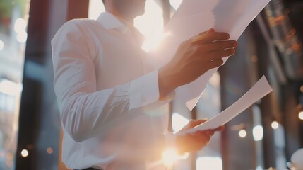 Aufkleber - Hispanic businessman holding papers hands and smiling.Young team of coworkers making great business discussion in modern coworking office.Teamwork people concept.Horizontal, blurred ba : Generative AI