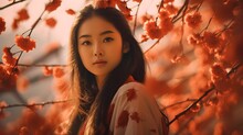 Young Korean Girl In A Traditional Dress Standing Amidst Wild Cherry Blossoms, AI-generated.