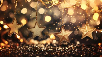 Poster - Golden Christmas and New Year glittering stars swirl on black bokeh background. backdrop with sparkling golden stars, holiday garland, magic glowing dust, lights. Gold Abstract Glitter : Generative AI
