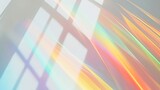 Fototapeta  - Blurred rainbow light refraction texture overlay effect for photo and mockups. Organic drop diagonal holographic flare on a white wall. Shadows for natural light effects : Generative AI