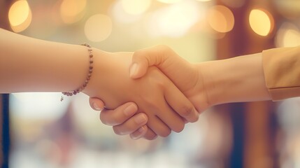 Aufkleber - Business partnership handshake concept.Photo two coworkers handshaking process.Successful deal after great meeting.Horizontal, blurred background.Wide : Generative AI