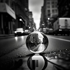 Sticker - AI generated illustration of a transparent glass sphere reflecting a winding asphalt road