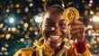 A happy black athlete with a gold medal stands at the stadium, a well-deserved victory and recognition of joyful fans, an Olympic champion