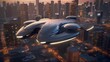 AI generated illustration of a futuristic flying vehicle over a metropolitan cityscape at sunset