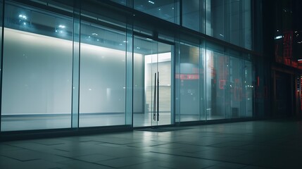 Aufkleber - Front view on blank light wall background in empty shop window with place for your product presentation behind glass walls with night city reflection in modern building outdoors. : Generative AI
