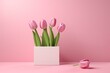 greeting card design with tulips and calendar top view, with copy space with generative ai