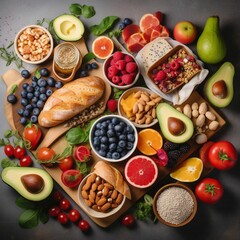 Overhead view of a variety of foods arranged on a table. AI-generated.