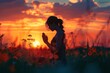 Experience a serene and spiritual moment as you witness the silhouette of a woman kneeling in prayer, captured in a realistic photo that conveys peace, faith, and contemplation.