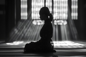 Experience a serene and spiritual moment as you witness the silhouette of a woman kneeling in prayer, captured in a realistic photo that conveys peace, faith, and contemplation.