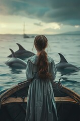Wall Mural - A girl looking at three dolphins in front of her boat