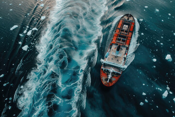 Wall Mural - Large Cargo icebreaker sails in ice-cold ocean