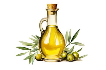 Wall Mural - olive oil jar with green olives illustration isolated background